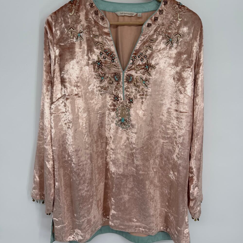 Soft Surroundings‎ Top Womens Large Pink Velvet Moroccan Boho Beaded Embellished